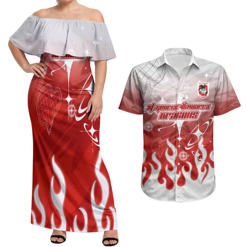 Personalized St. George Illawarra Dragons Couples Matching Off Shoulder Maxi Dress and Hawaiian Shirt Y2K Grunge Aesthetic With Cyber Flames and Starburst Graphics