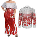 Personalized St. George Illawarra Dragons Couples Matching Off Shoulder Maxi Dress and Long Sleeve Button Shirt Y2K Grunge Aesthetic With Cyber Flames and Starburst Graphics