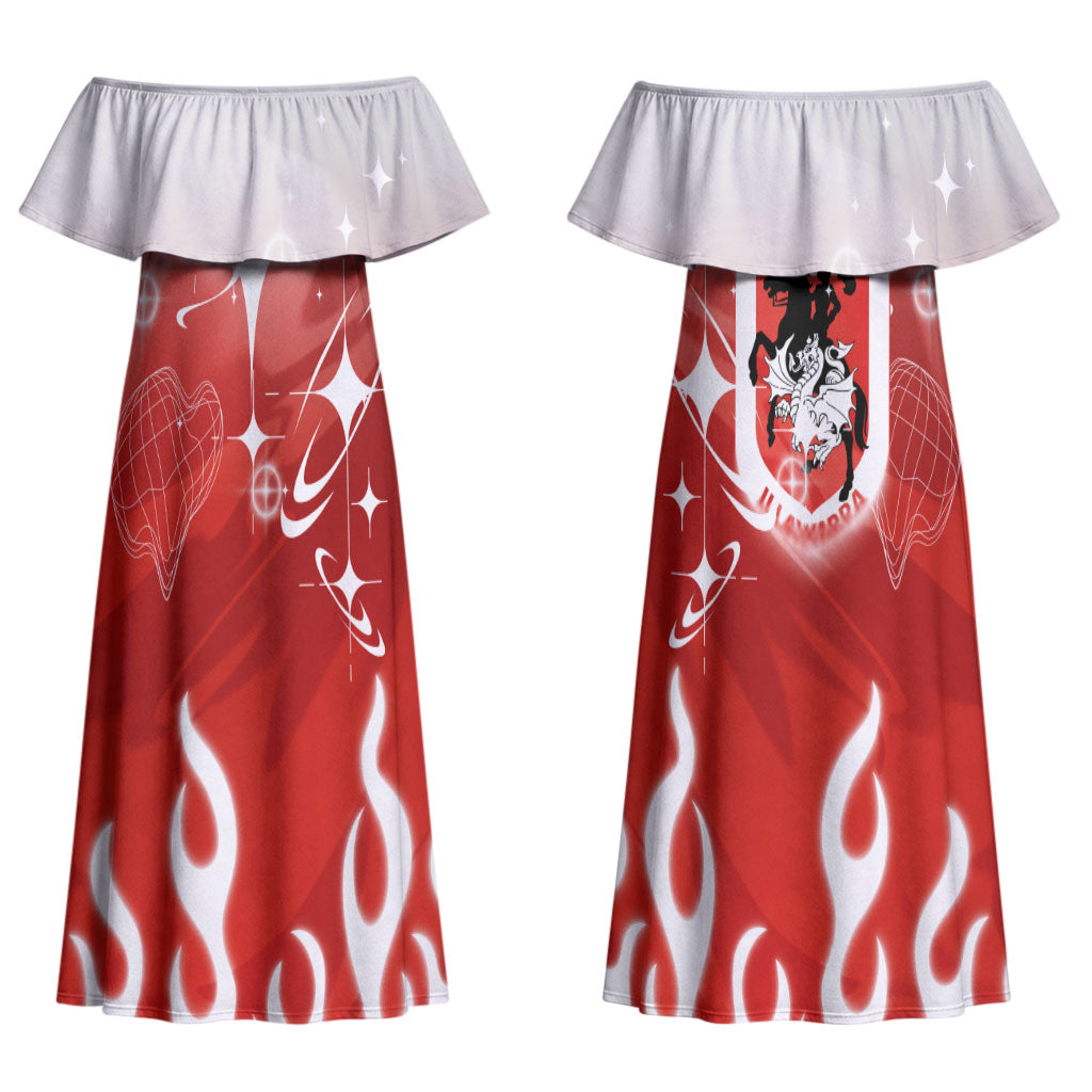 Personalized St. George Illawarra Dragons Couples Matching Off Shoulder Maxi Dress and Long Sleeve Button Shirt Y2K Grunge Aesthetic With Cyber Flames and Starburst Graphics