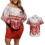 Personalized St. George Illawarra Dragons Couples Matching Off Shoulder Short Dress and Hawaiian Shirt Y2K Grunge Aesthetic With Cyber Flames and Starburst Graphics