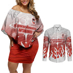 Personalized St. George Illawarra Dragons Couples Matching Off Shoulder Short Dress and Long Sleeve Button Shirt Y2K Grunge Aesthetic With Cyber Flames and Starburst Graphics