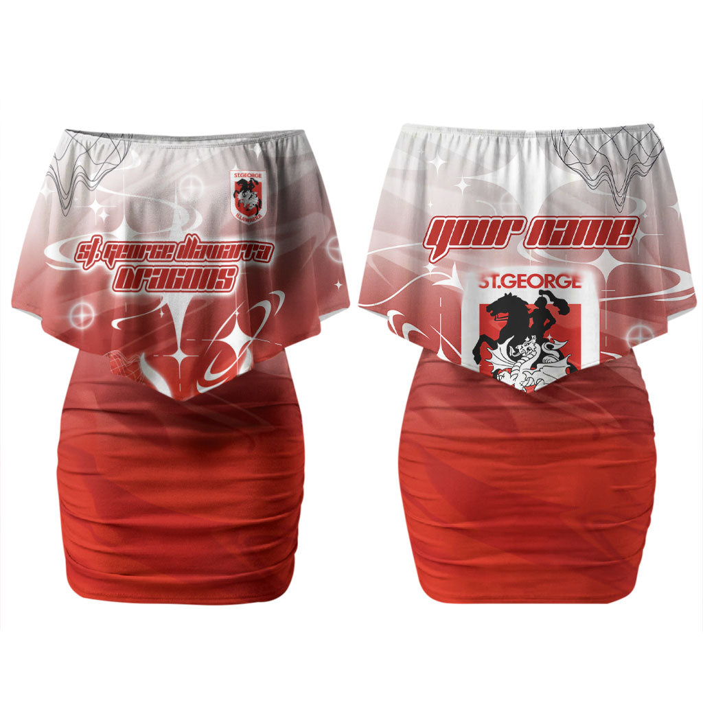 Personalized St. George Illawarra Dragons Couples Matching Off Shoulder Short Dress and Long Sleeve Button Shirt Y2K Grunge Aesthetic With Cyber Flames and Starburst Graphics