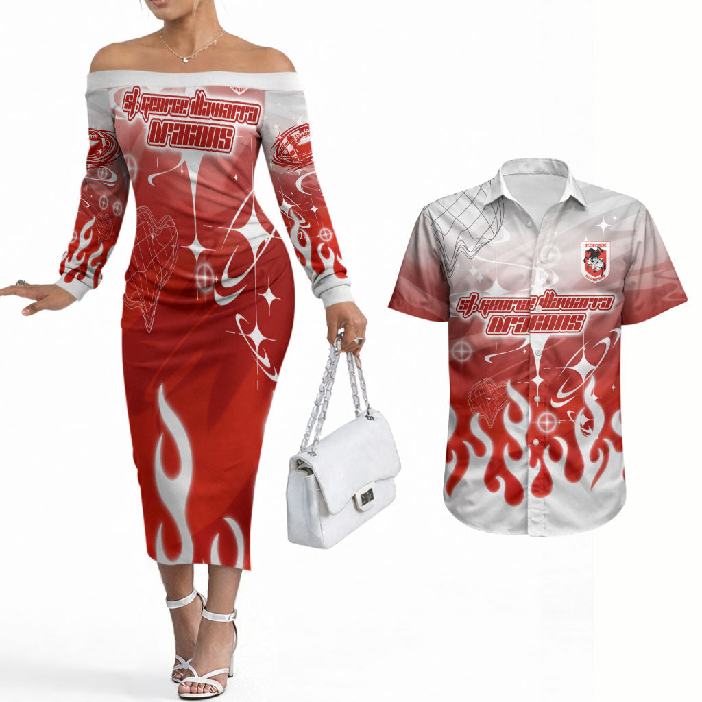 Personalized St. George Illawarra Dragons Couples Matching Off The Shoulder Long Sleeve Dress and Hawaiian Shirt Y2K Grunge Aesthetic With Cyber Flames and Starburst Graphics