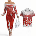 Personalized St. George Illawarra Dragons Couples Matching Off The Shoulder Long Sleeve Dress and Hawaiian Shirt Y2K Grunge Aesthetic With Cyber Flames and Starburst Graphics