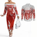 Personalized St. George Illawarra Dragons Couples Matching Off The Shoulder Long Sleeve Dress and Long Sleeve Button Shirt Y2K Grunge Aesthetic With Cyber Flames and Starburst Graphics