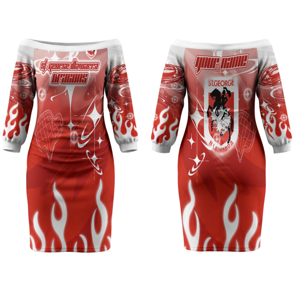 Personalized St. George Illawarra Dragons Couples Matching Off The Shoulder Long Sleeve Dress and Long Sleeve Button Shirt Y2K Grunge Aesthetic With Cyber Flames and Starburst Graphics