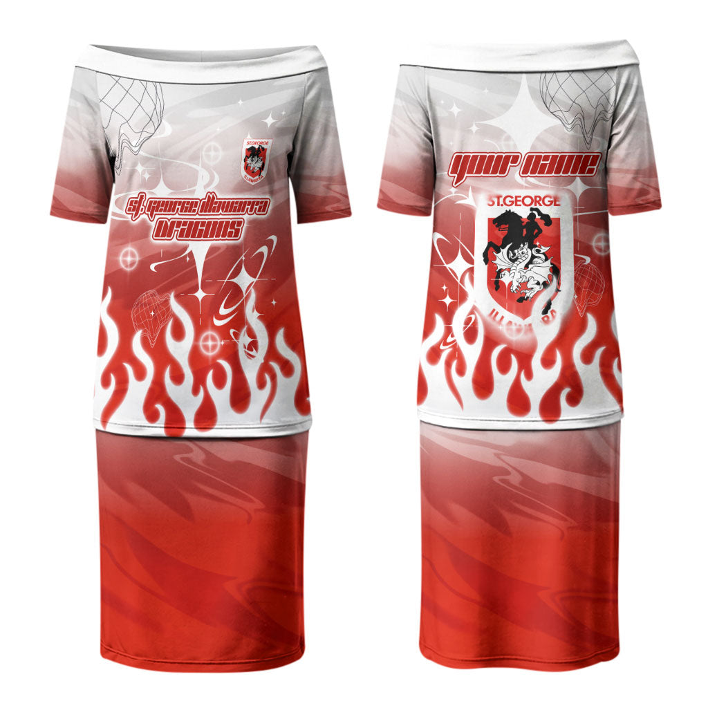 Personalized St. George Illawarra Dragons Couples Matching Puletasi and Long Sleeve Button Shirt Y2K Grunge Aesthetic With Cyber Flames and Starburst Graphics