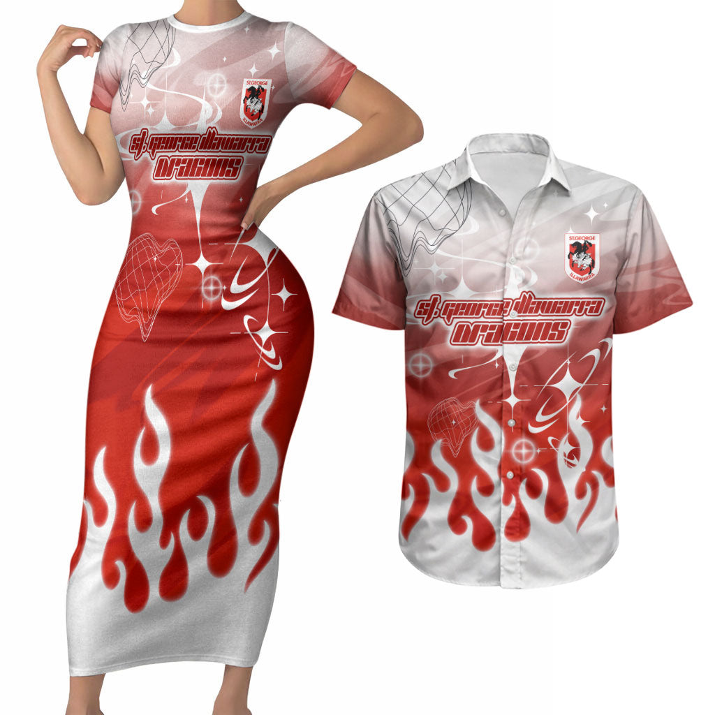 Personalized St. George Illawarra Dragons Couples Matching Short Sleeve Bodycon Dress and Hawaiian Shirt Y2K Grunge Aesthetic With Cyber Flames and Starburst Graphics