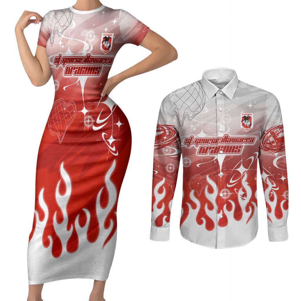 Personalized St. George Illawarra Dragons Couples Matching Short Sleeve Bodycon Dress and Long Sleeve Button Shirt Y2K Grunge Aesthetic With Cyber Flames and Starburst Graphics