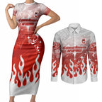Personalized St. George Illawarra Dragons Couples Matching Short Sleeve Bodycon Dress and Long Sleeve Button Shirt Y2K Grunge Aesthetic With Cyber Flames and Starburst Graphics