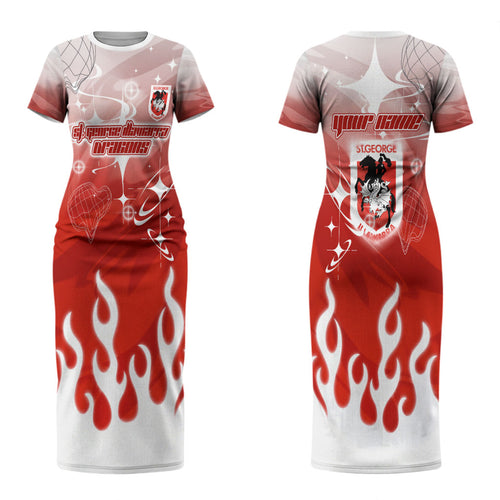 Personalized St. George Illawarra Dragons Couples Matching Short Sleeve Bodycon Dress and Long Sleeve Button Shirt Y2K Grunge Aesthetic With Cyber Flames and Starburst Graphics