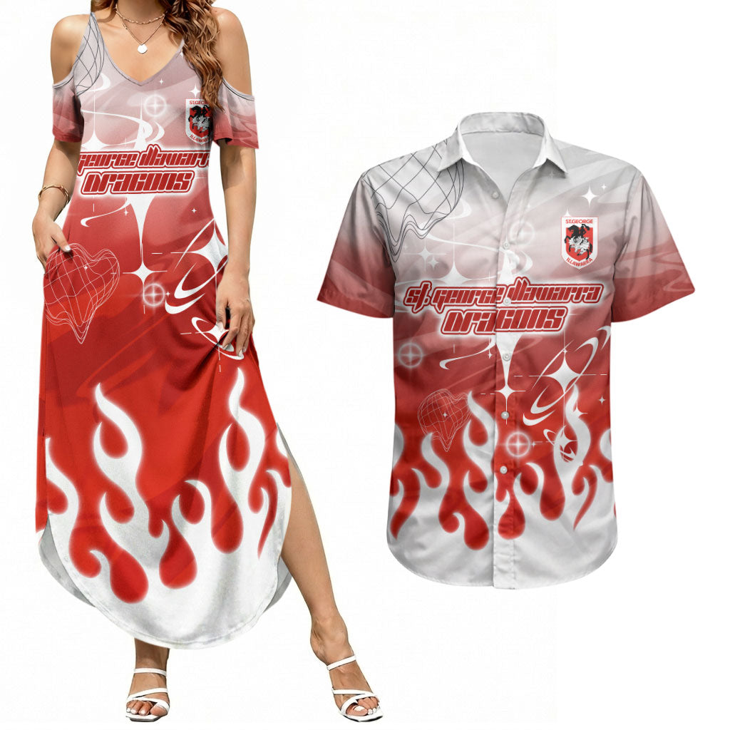 Personalized St. George Illawarra Dragons Couples Matching Summer Maxi Dress and Hawaiian Shirt Y2K Grunge Aesthetic With Cyber Flames and Starburst Graphics