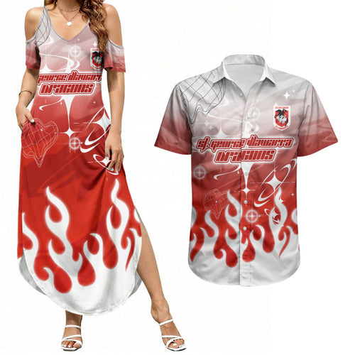 Personalized St. George Illawarra Dragons Couples Matching Summer Maxi Dress and Hawaiian Shirt Y2K Grunge Aesthetic With Cyber Flames and Starburst Graphics