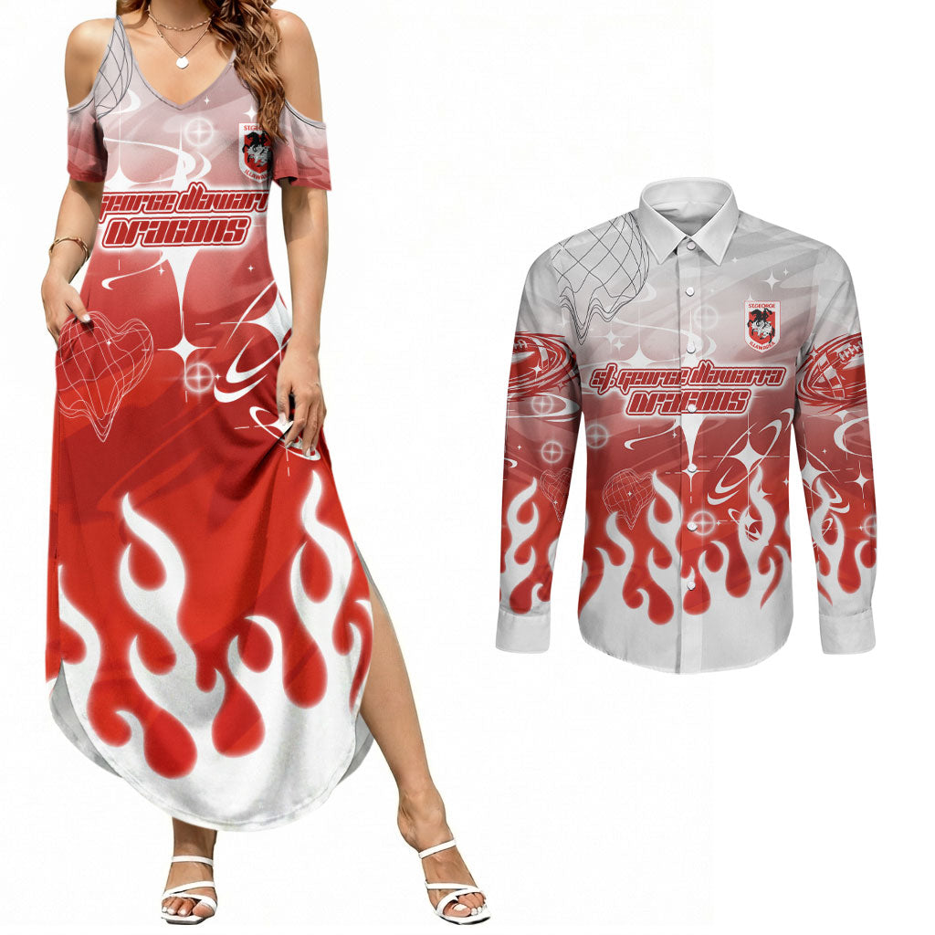 Personalized St. George Illawarra Dragons Couples Matching Summer Maxi Dress and Long Sleeve Button Shirt Y2K Grunge Aesthetic With Cyber Flames and Starburst Graphics