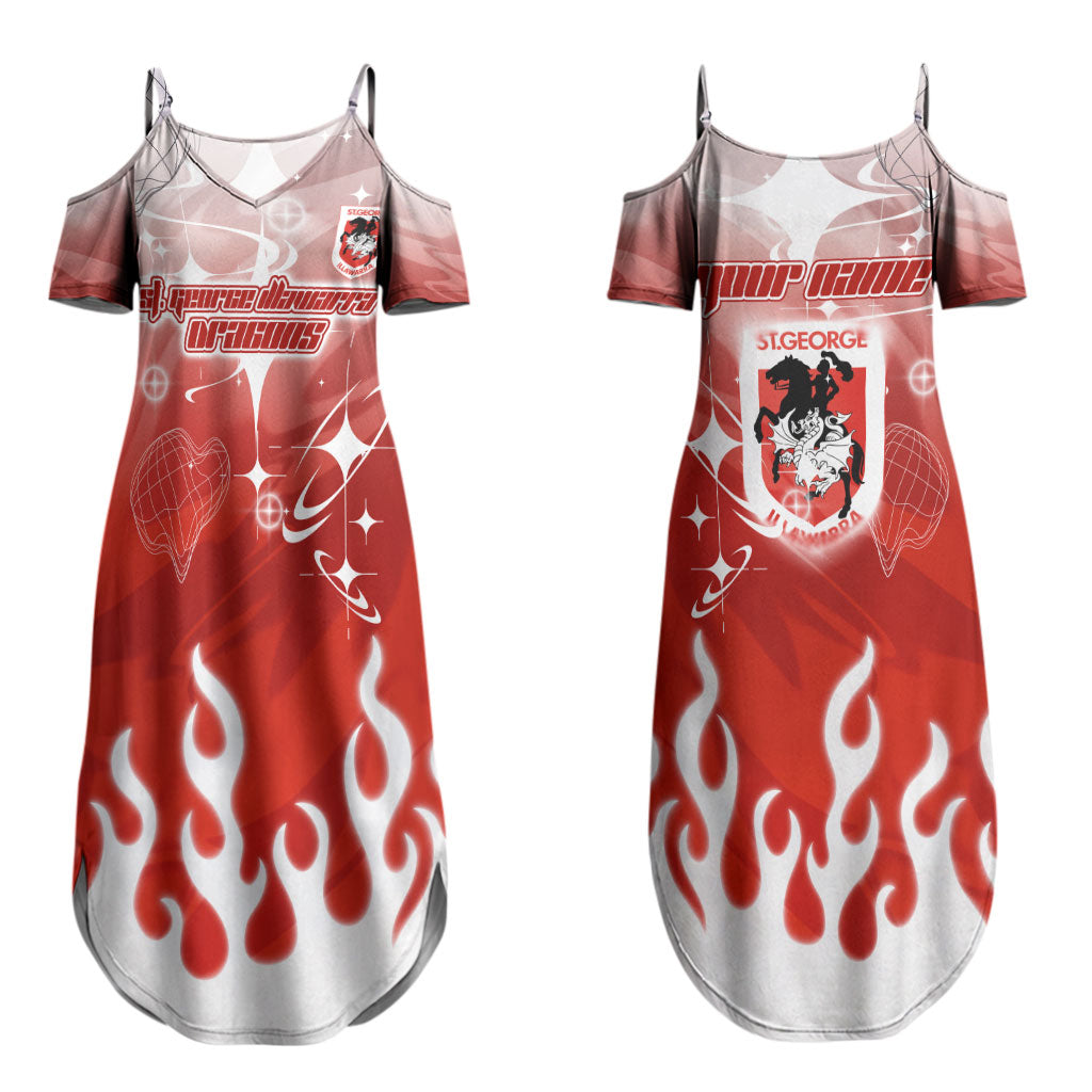 Personalized St. George Illawarra Dragons Couples Matching Summer Maxi Dress and Long Sleeve Button Shirt Y2K Grunge Aesthetic With Cyber Flames and Starburst Graphics