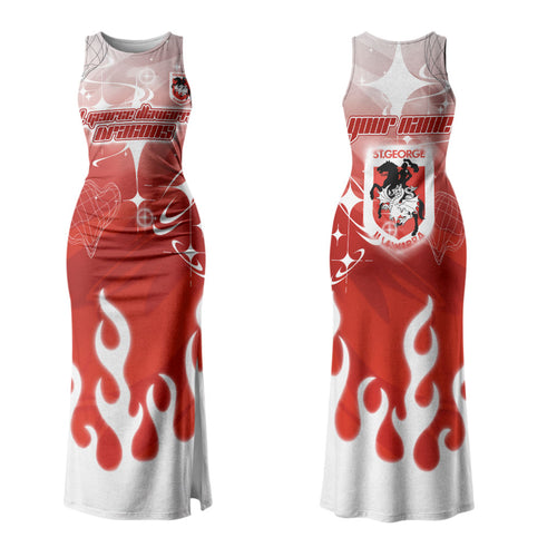 Personalized St. George Illawarra Dragons Couples Matching Tank Maxi Dress and Hawaiian Shirt Y2K Grunge Aesthetic With Cyber Flames and Starburst Graphics