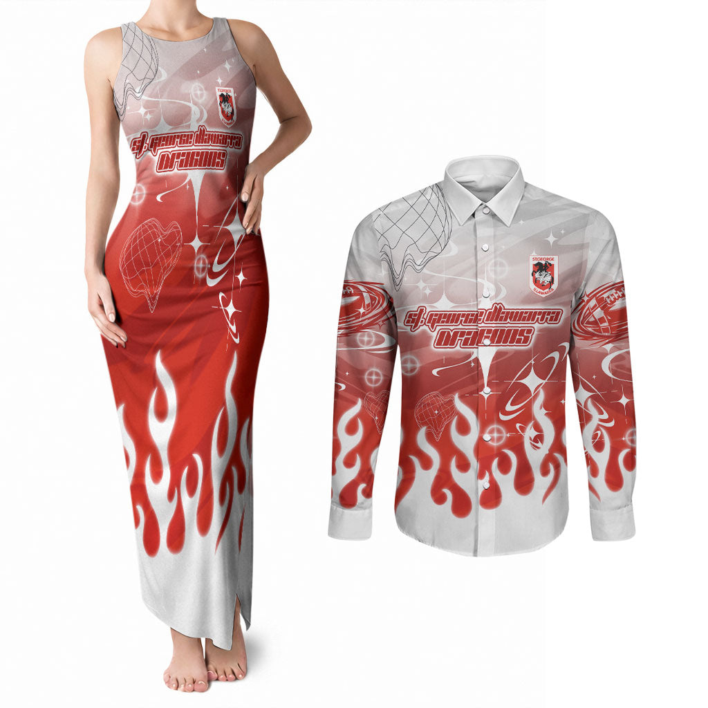 Personalized St. George Illawarra Dragons Couples Matching Tank Maxi Dress and Long Sleeve Button Shirt Y2K Grunge Aesthetic With Cyber Flames and Starburst Graphics