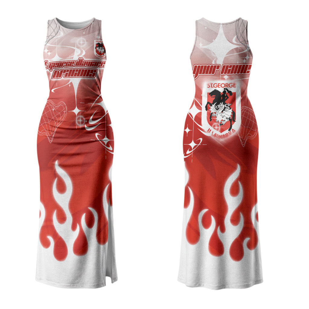 Personalized St. George Illawarra Dragons Couples Matching Tank Maxi Dress and Long Sleeve Button Shirt Y2K Grunge Aesthetic With Cyber Flames and Starburst Graphics