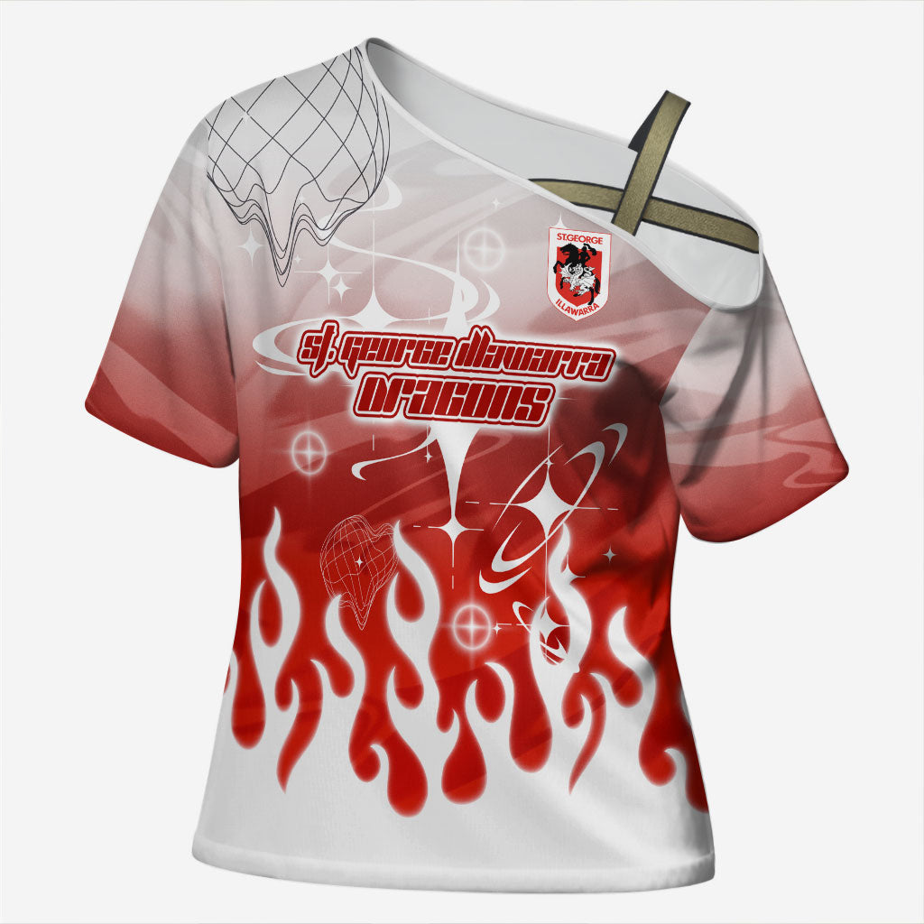 Personalized St. George Illawarra Dragons Cross Shoulder Shirt Y2K Grunge Aesthetic With Cyber Flames and Starburst Graphics
