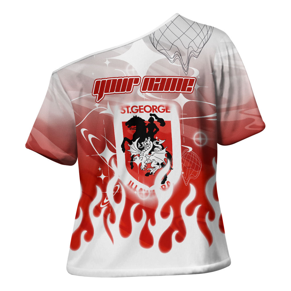 Personalized St. George Illawarra Dragons Cross Shoulder Shirt Y2K Grunge Aesthetic With Cyber Flames and Starburst Graphics