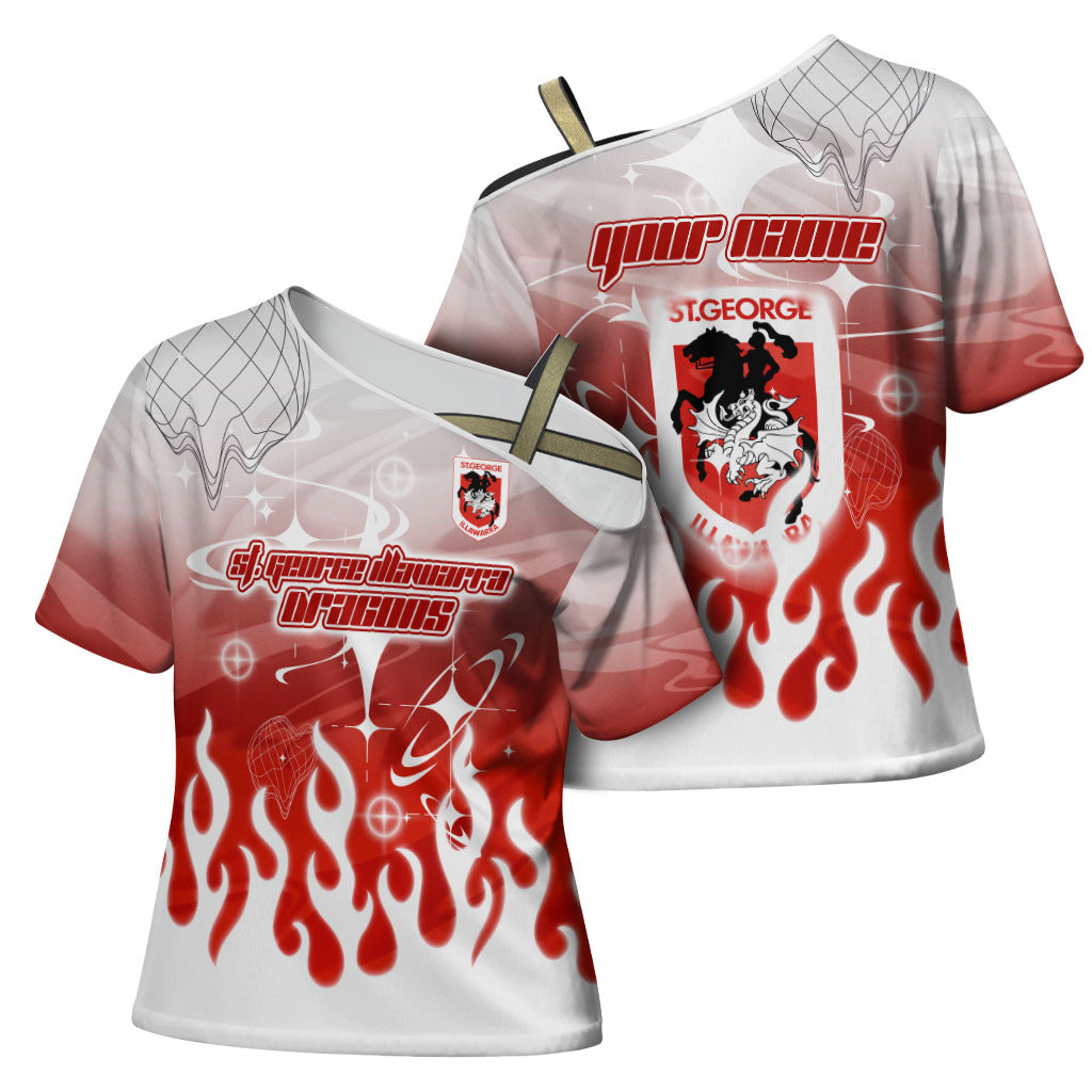 Personalized St. George Illawarra Dragons Cross Shoulder Shirt Y2K Grunge Aesthetic With Cyber Flames and Starburst Graphics