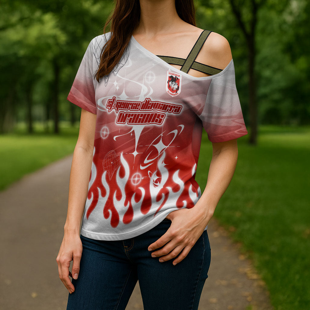 Personalized St. George Illawarra Dragons Cross Shoulder Shirt Y2K Grunge Aesthetic With Cyber Flames and Starburst Graphics