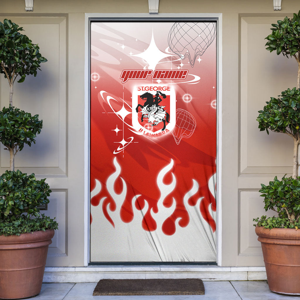 Personalized St. George Illawarra Dragons Door Cover Y2K Grunge Aesthetic With Cyber Flames and Starburst Graphics