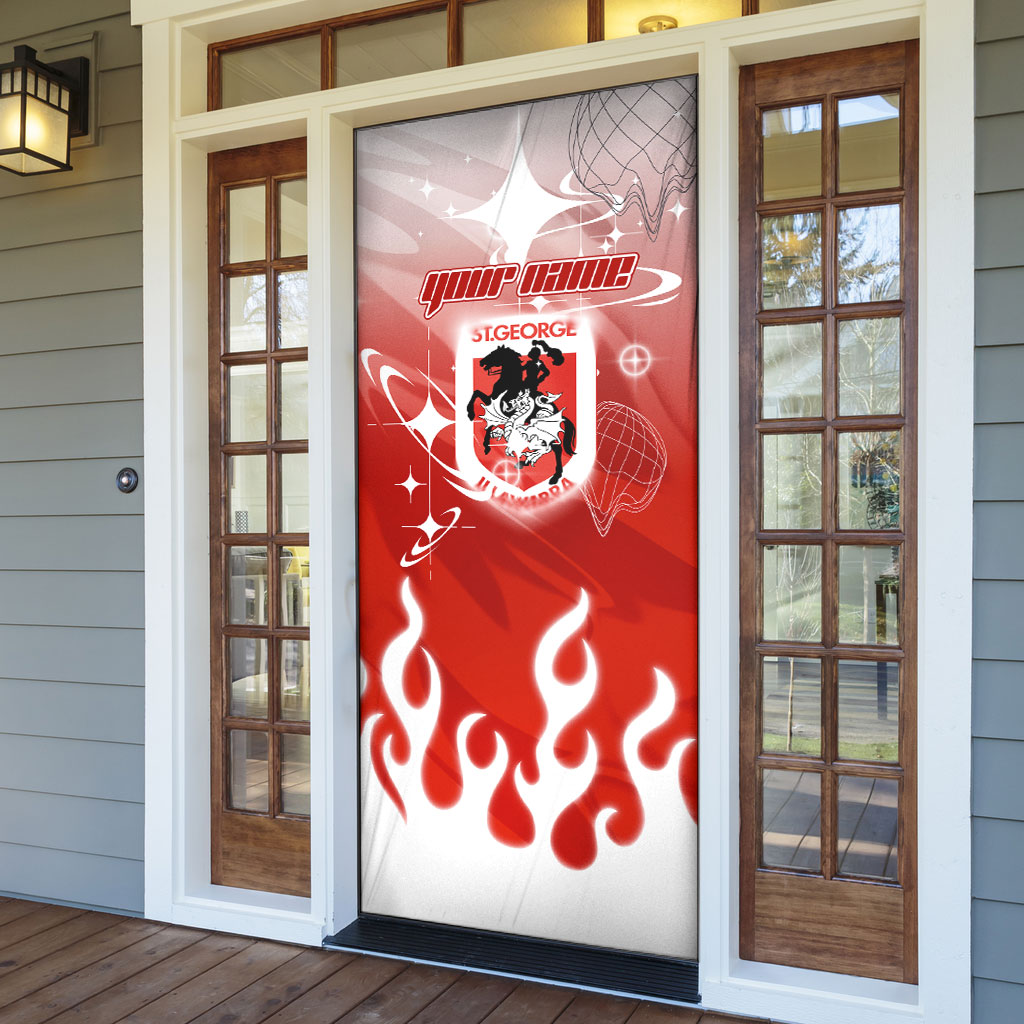 Personalized St. George Illawarra Dragons Door Cover Y2K Grunge Aesthetic With Cyber Flames and Starburst Graphics