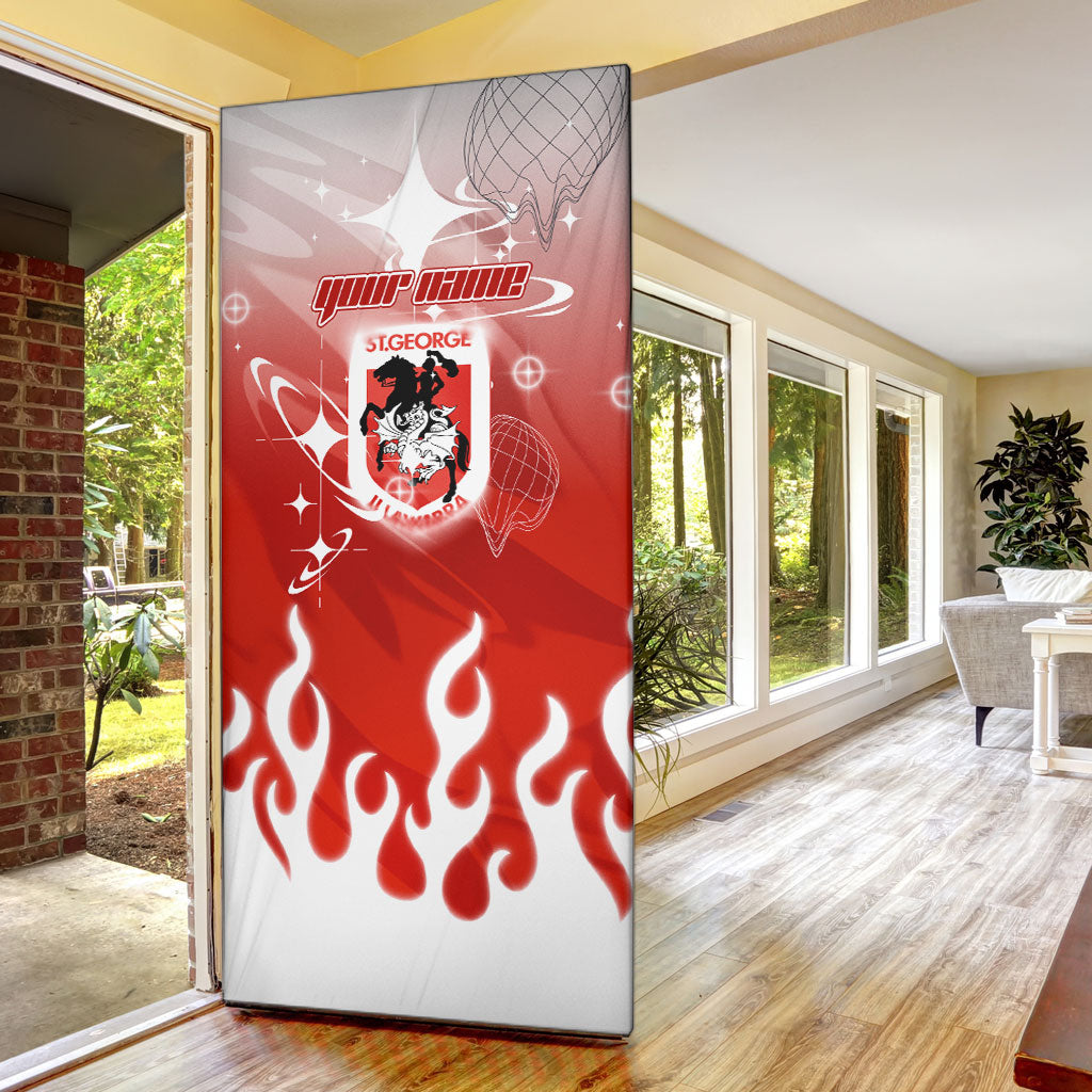 Personalized St. George Illawarra Dragons Door Cover Y2K Grunge Aesthetic With Cyber Flames and Starburst Graphics