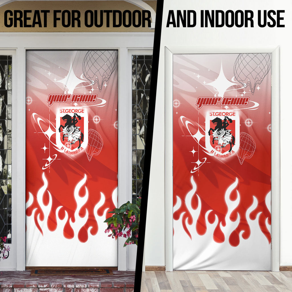 Personalized St. George Illawarra Dragons Door Cover Y2K Grunge Aesthetic With Cyber Flames and Starburst Graphics
