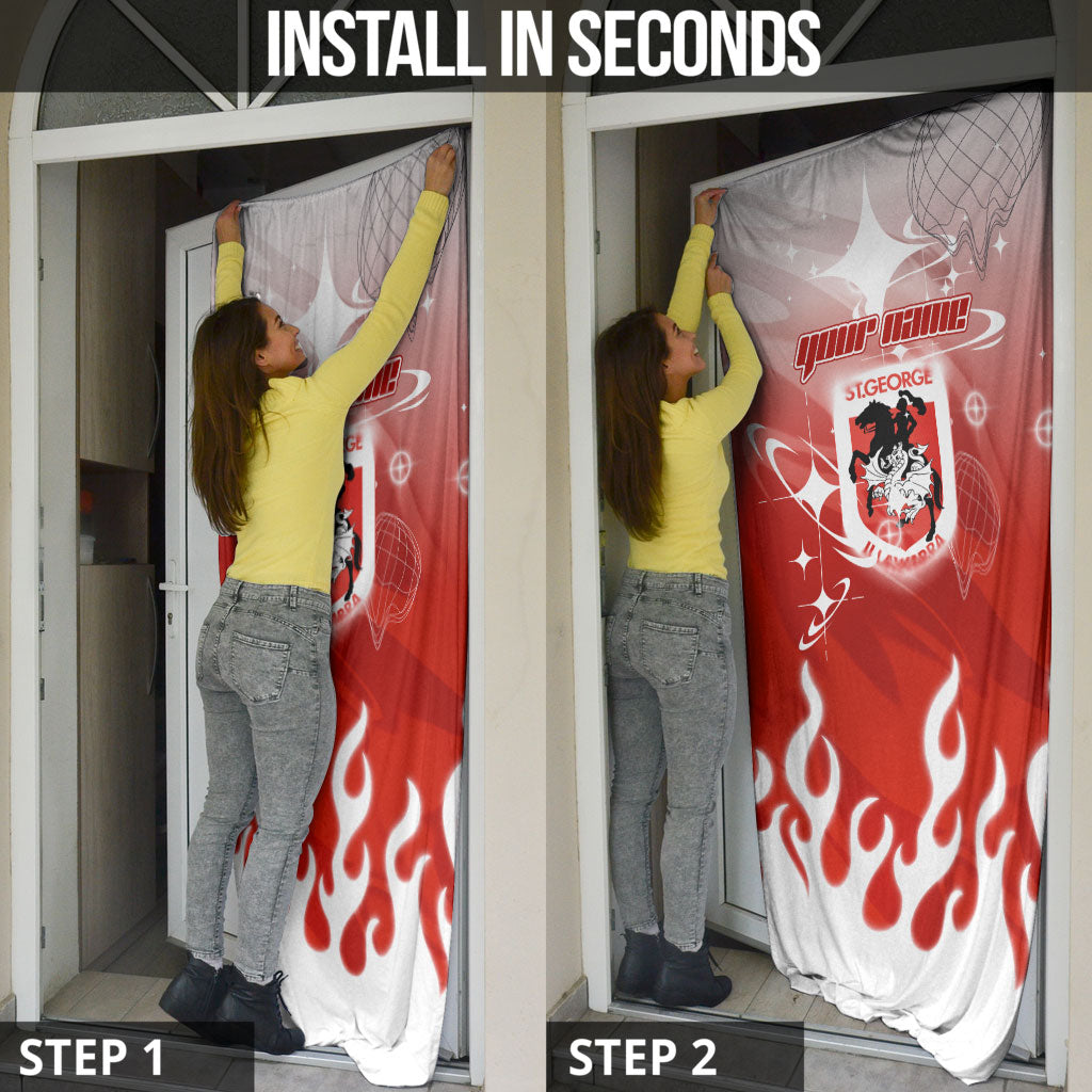 Personalized St. George Illawarra Dragons Door Cover Y2K Grunge Aesthetic With Cyber Flames and Starburst Graphics