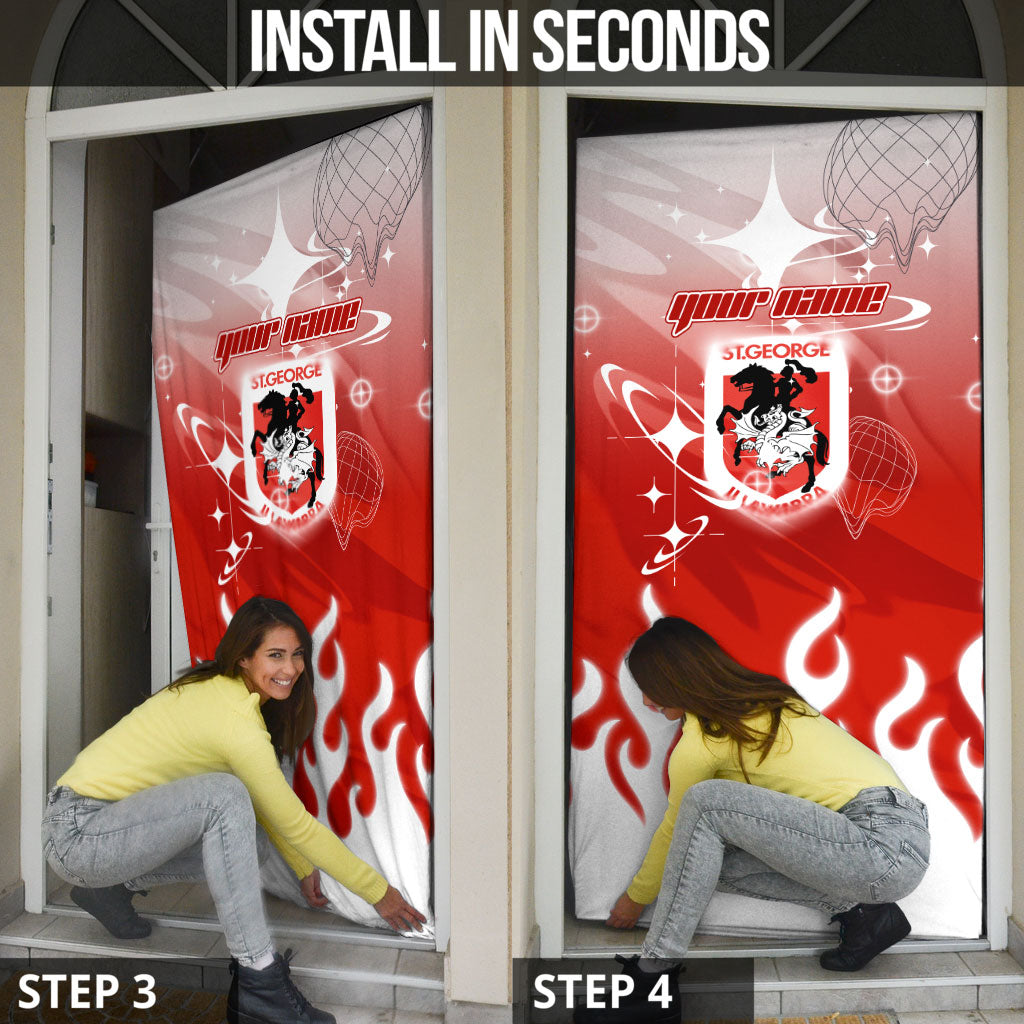 Personalized St. George Illawarra Dragons Door Cover Y2K Grunge Aesthetic With Cyber Flames and Starburst Graphics
