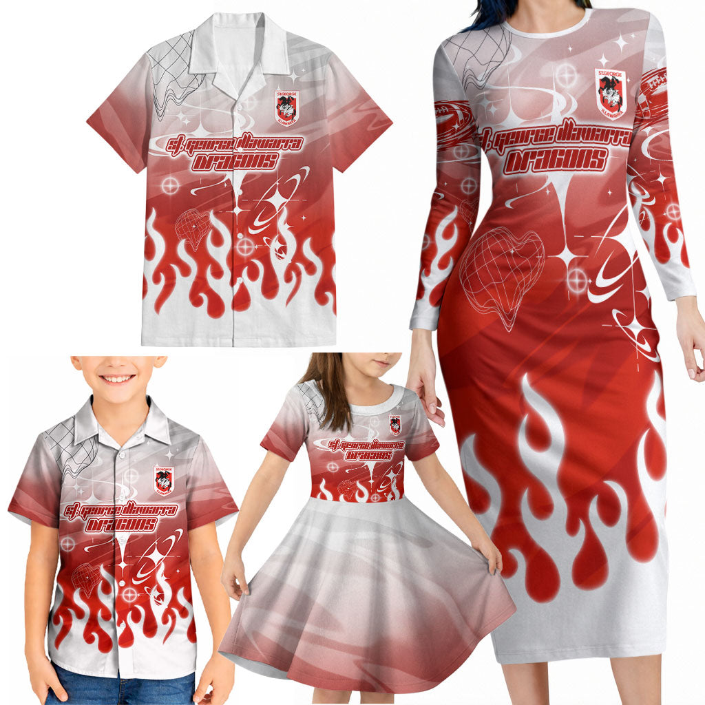 Personalized St. George Illawarra Dragons Family Matching Long Sleeve Bodycon Dress and Hawaiian Shirt Y2K Grunge Aesthetic With Cyber Flames and Starburst Graphics