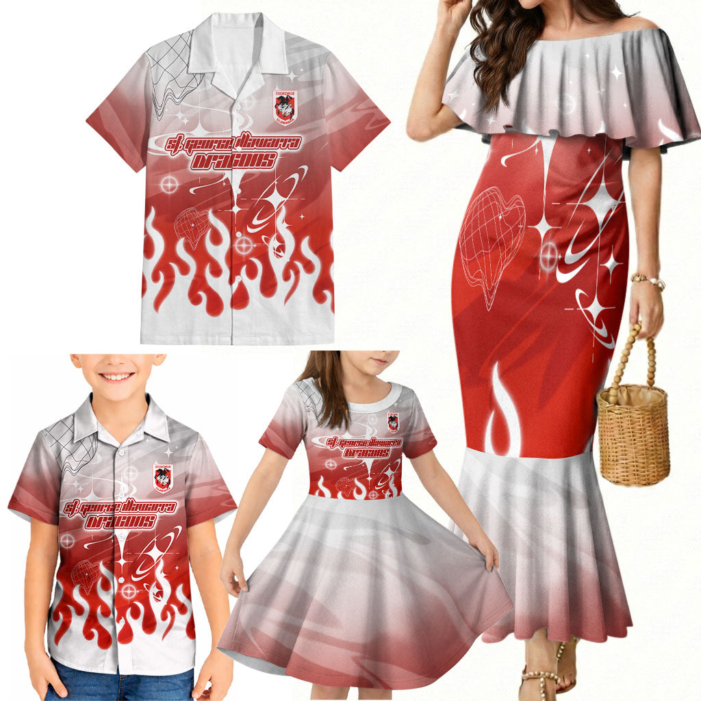 Personalized St. George Illawarra Dragons Family Matching Mermaid Dress and Hawaiian Shirt Y2K Grunge Aesthetic With Cyber Flames and Starburst Graphics