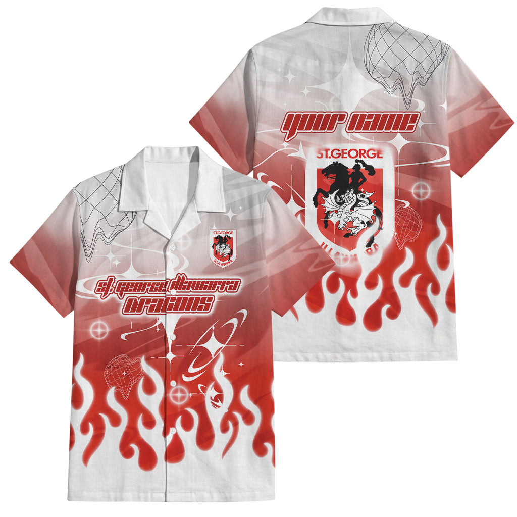 Personalized St. George Illawarra Dragons Family Matching Off Shoulder Maxi Dress and Hawaiian Shirt Y2K Grunge Aesthetic With Cyber Flames and Starburst Graphics