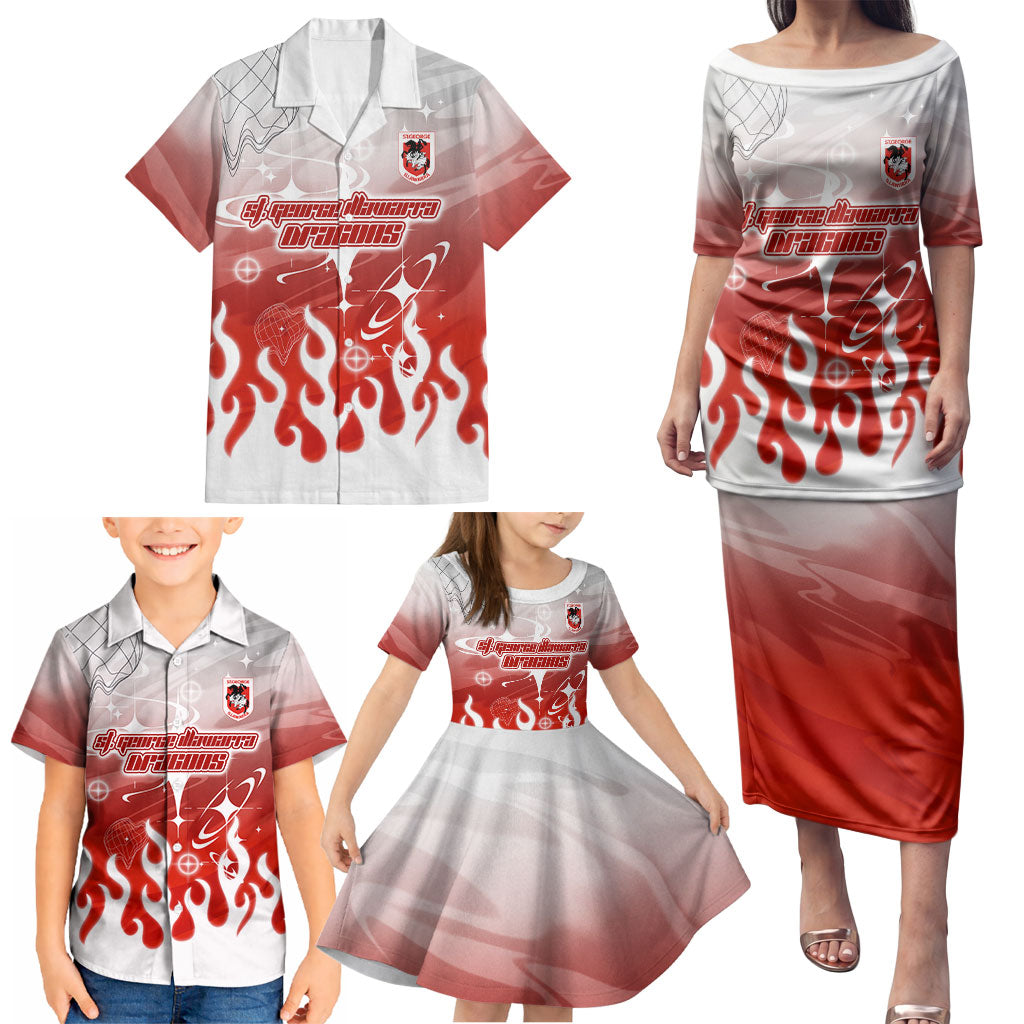 Personalized St. George Illawarra Dragons Family Matching Puletasi and Hawaiian Shirt Y2K Grunge Aesthetic With Cyber Flames and Starburst Graphics