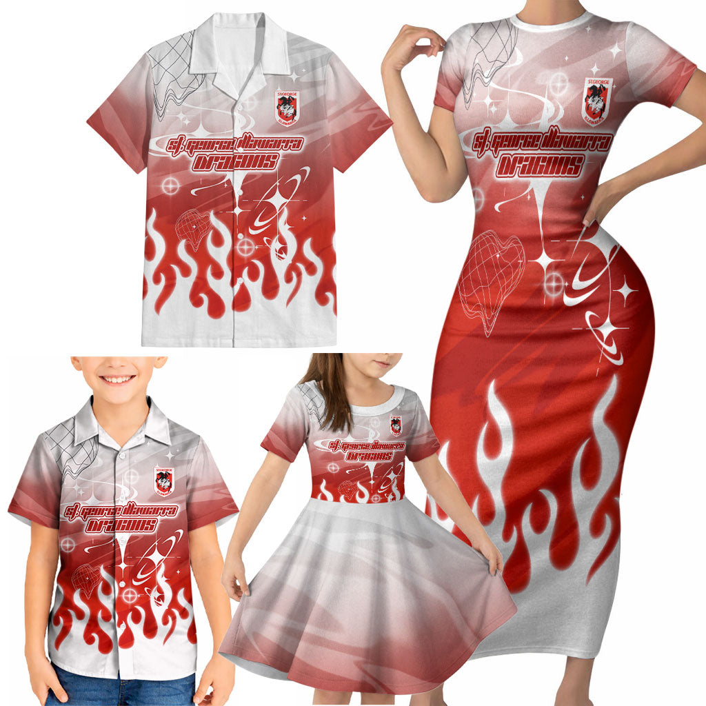 Personalized St. George Illawarra Dragons Family Matching Short Sleeve Bodycon Dress and Hawaiian Shirt Y2K Grunge Aesthetic With Cyber Flames and Starburst Graphics