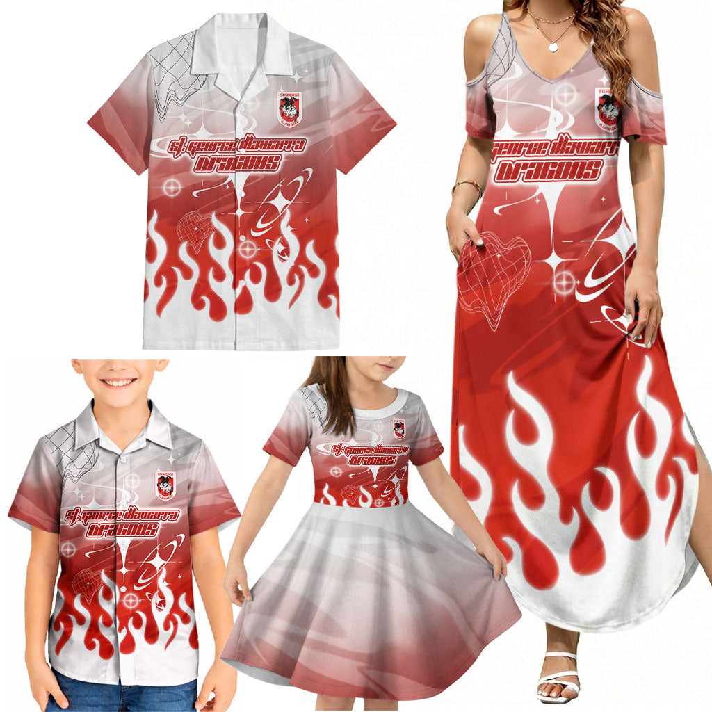 Personalized St. George Illawarra Dragons Family Matching Summer Maxi Dress and Hawaiian Shirt Y2K Grunge Aesthetic With Cyber Flames and Starburst Graphics