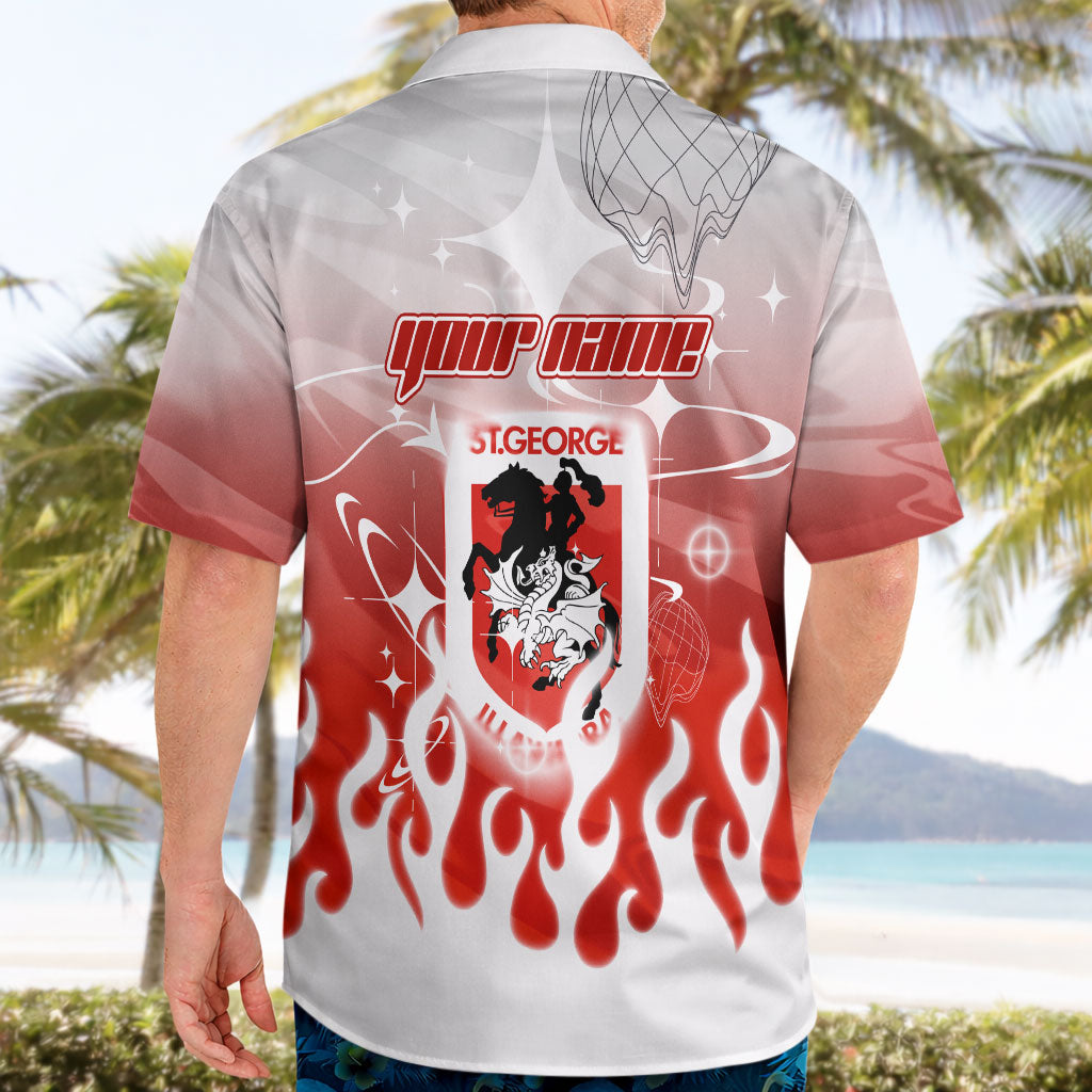 Personalized St. George Illawarra Dragons Hawaiian Shirt Y2K Grunge Aesthetic With Cyber Flames and Starburst Graphics
