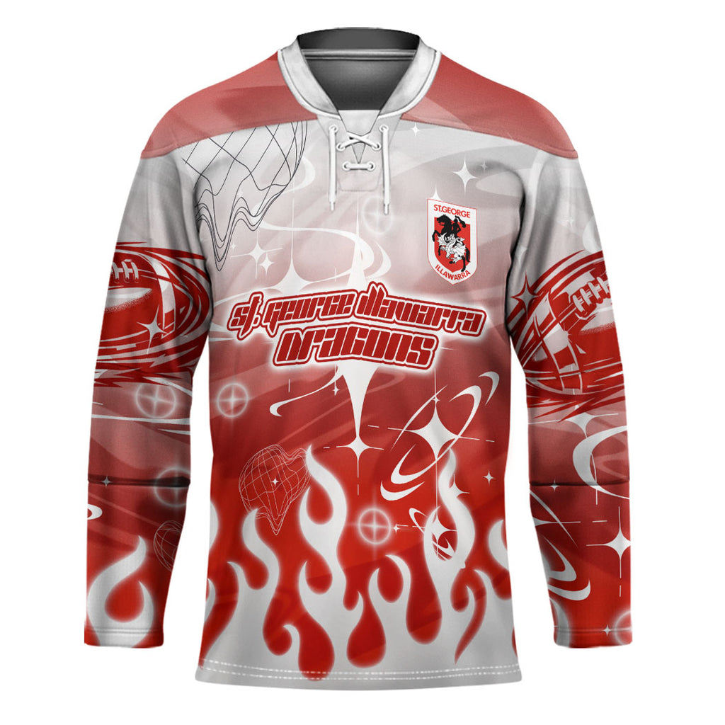 Personalized St. George Illawarra Dragons Hockey Jersey Y2K Grunge Aesthetic With Cyber Flames and Starburst Graphics