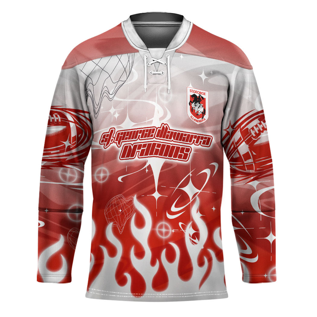 Personalized St. George Illawarra Dragons Hockey Jersey Y2K Grunge Aesthetic With Cyber Flames and Starburst Graphics