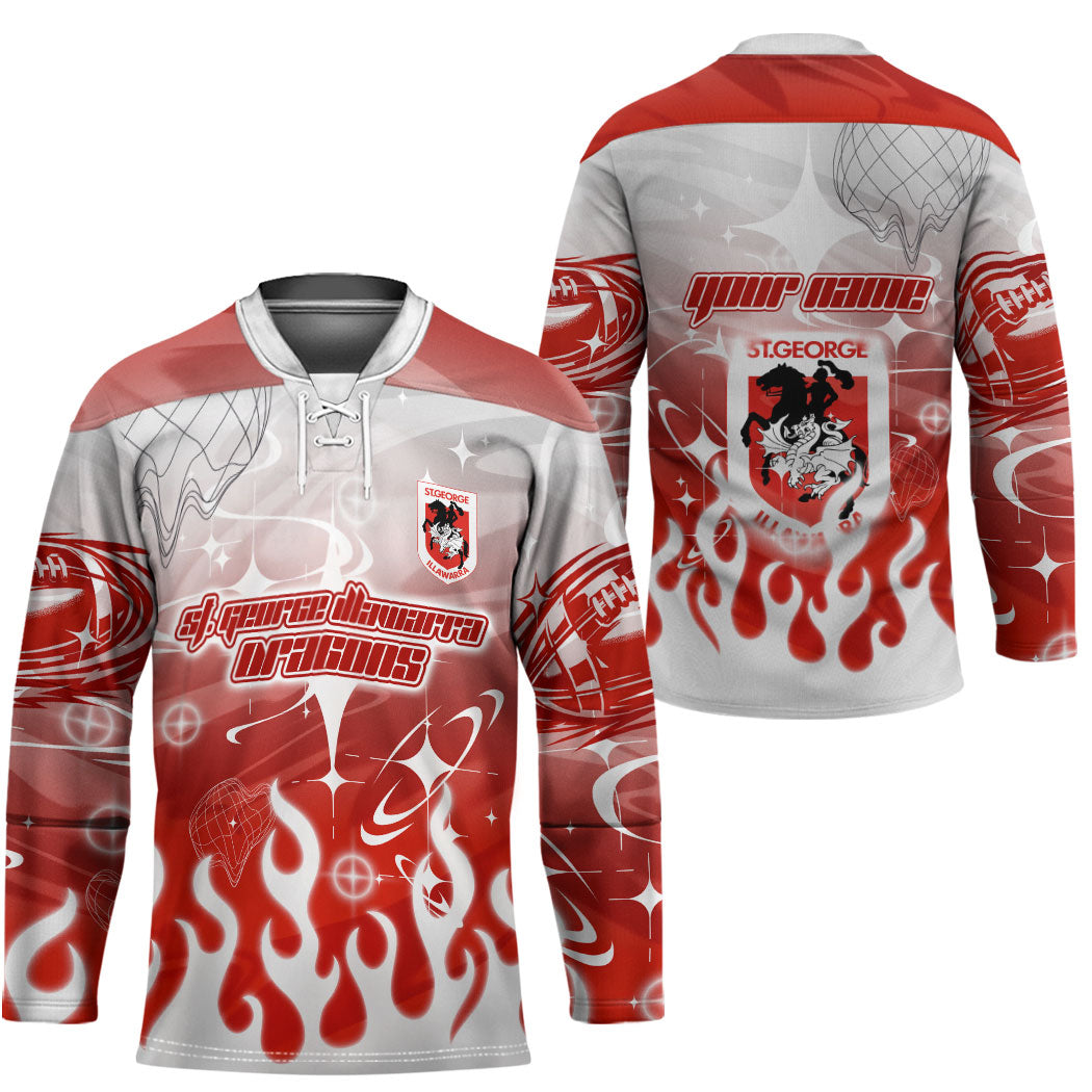 Personalized St. George Illawarra Dragons Hockey Jersey Y2K Grunge Aesthetic With Cyber Flames and Starburst Graphics