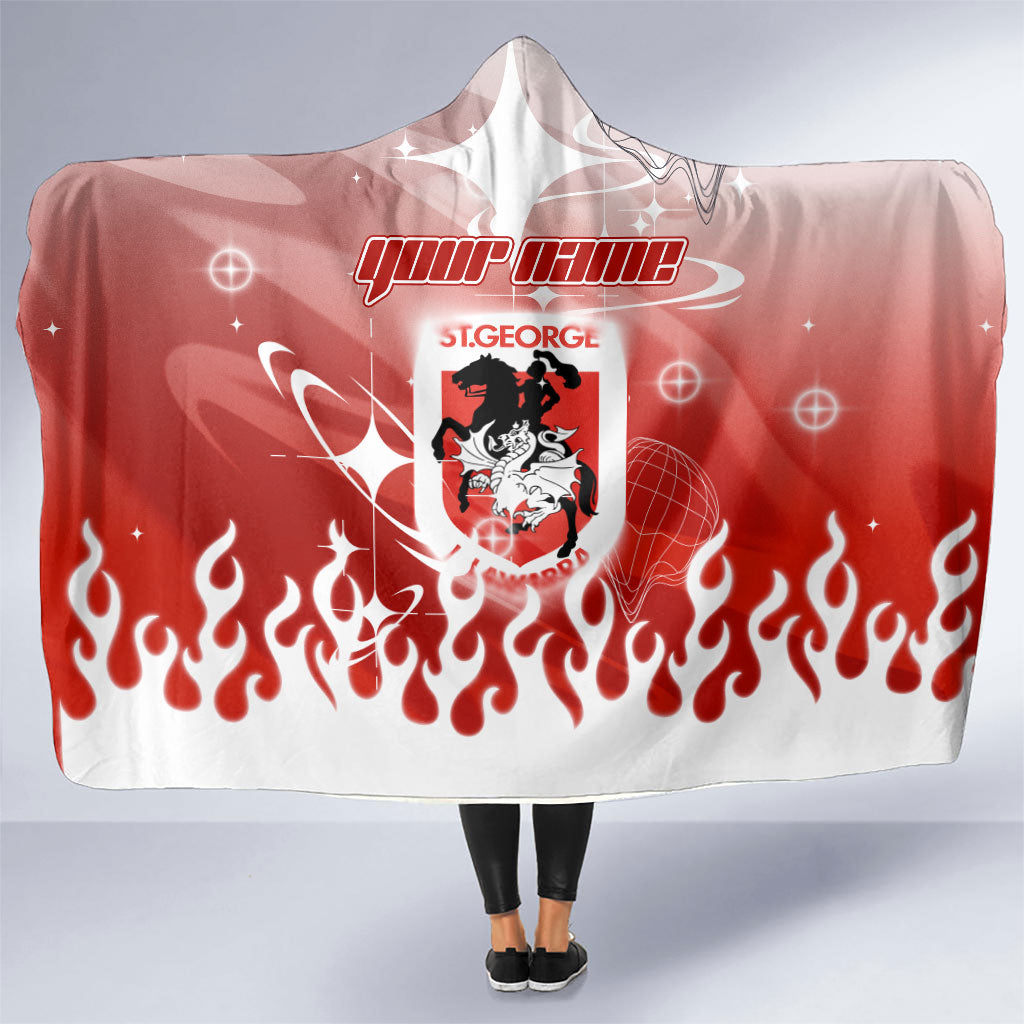 Personalized St. George Illawarra Dragons Hooded Blanket Y2K Grunge Aesthetic With Cyber Flames and Starburst Graphics