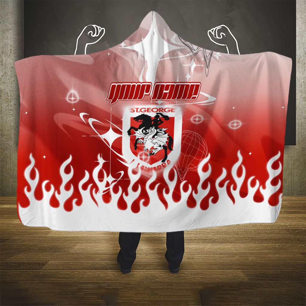 Personalized St. George Illawarra Dragons Hooded Blanket Y2K Grunge Aesthetic With Cyber Flames and Starburst Graphics