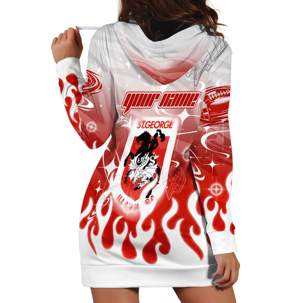 Personalized St. George Illawarra Dragons Hoodie Dress Y2K Grunge Aesthetic With Cyber Flames and Starburst Graphics