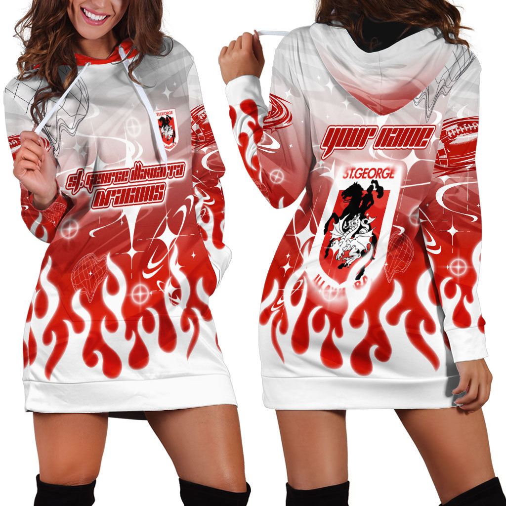 Personalized St. George Illawarra Dragons Hoodie Dress Y2K Grunge Aesthetic With Cyber Flames and Starburst Graphics