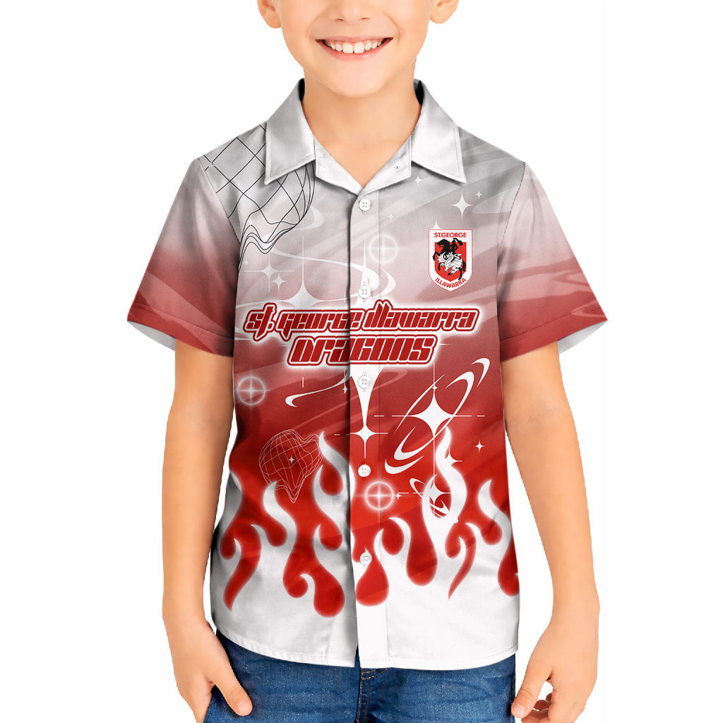 Personalized St. George Illawarra Dragons Kid Hawaiian Shirt Y2K Grunge Aesthetic With Cyber Flames and Starburst Graphics