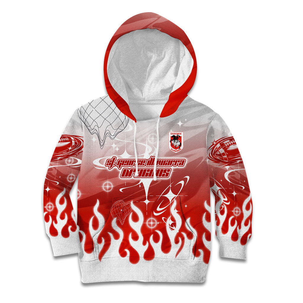 Personalized St. George Illawarra Dragons Kid Hoodie Y2K Grunge Aesthetic With Cyber Flames and Starburst Graphics