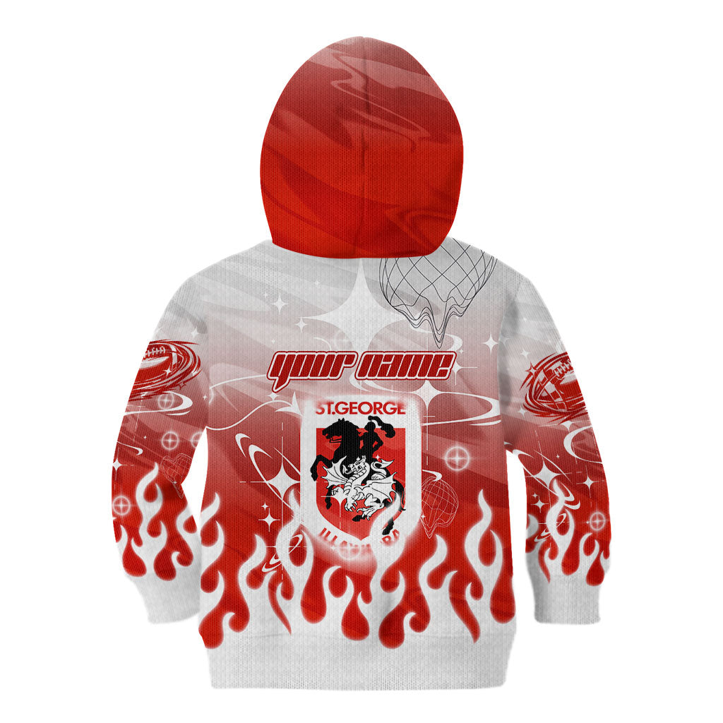 Personalized St. George Illawarra Dragons Kid Hoodie Y2K Grunge Aesthetic With Cyber Flames and Starburst Graphics