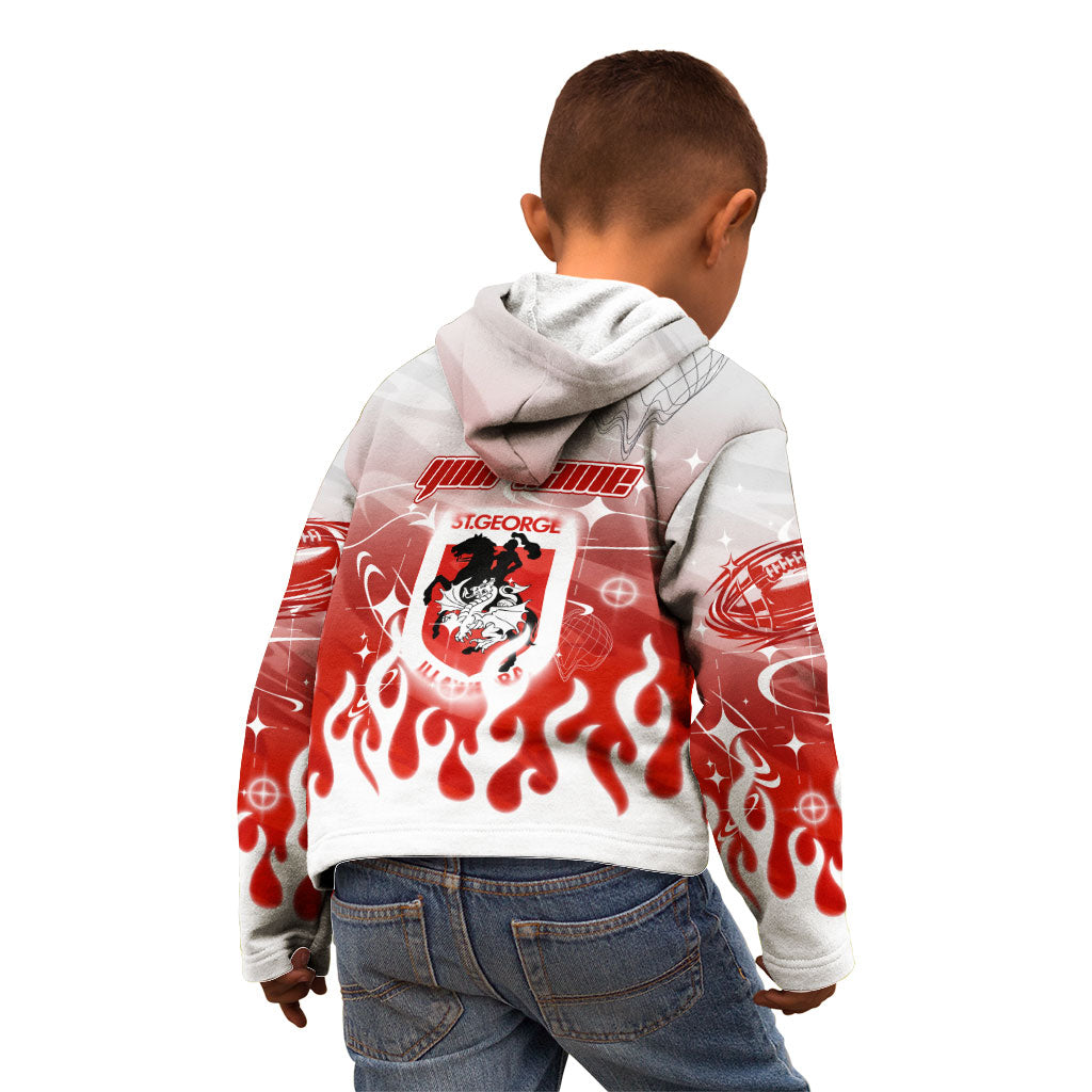 Personalized St. George Illawarra Dragons Kid Hoodie Y2K Grunge Aesthetic With Cyber Flames and Starburst Graphics